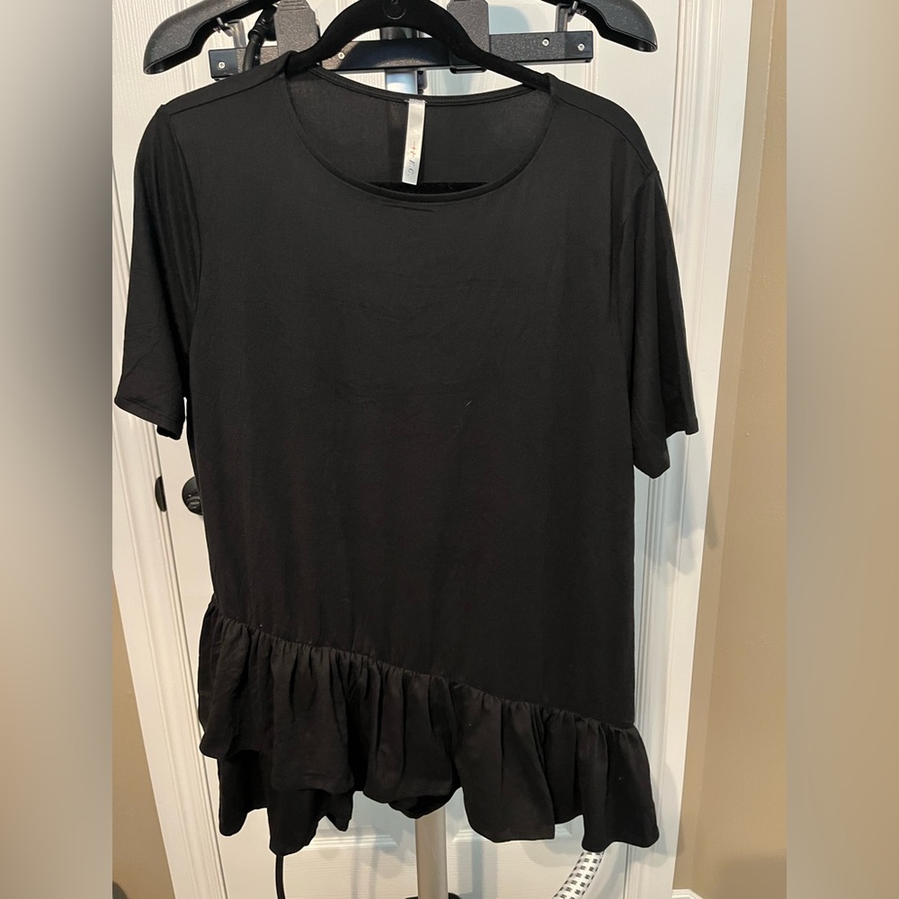 EC Black Ruffle Slightly Angled Hem Top